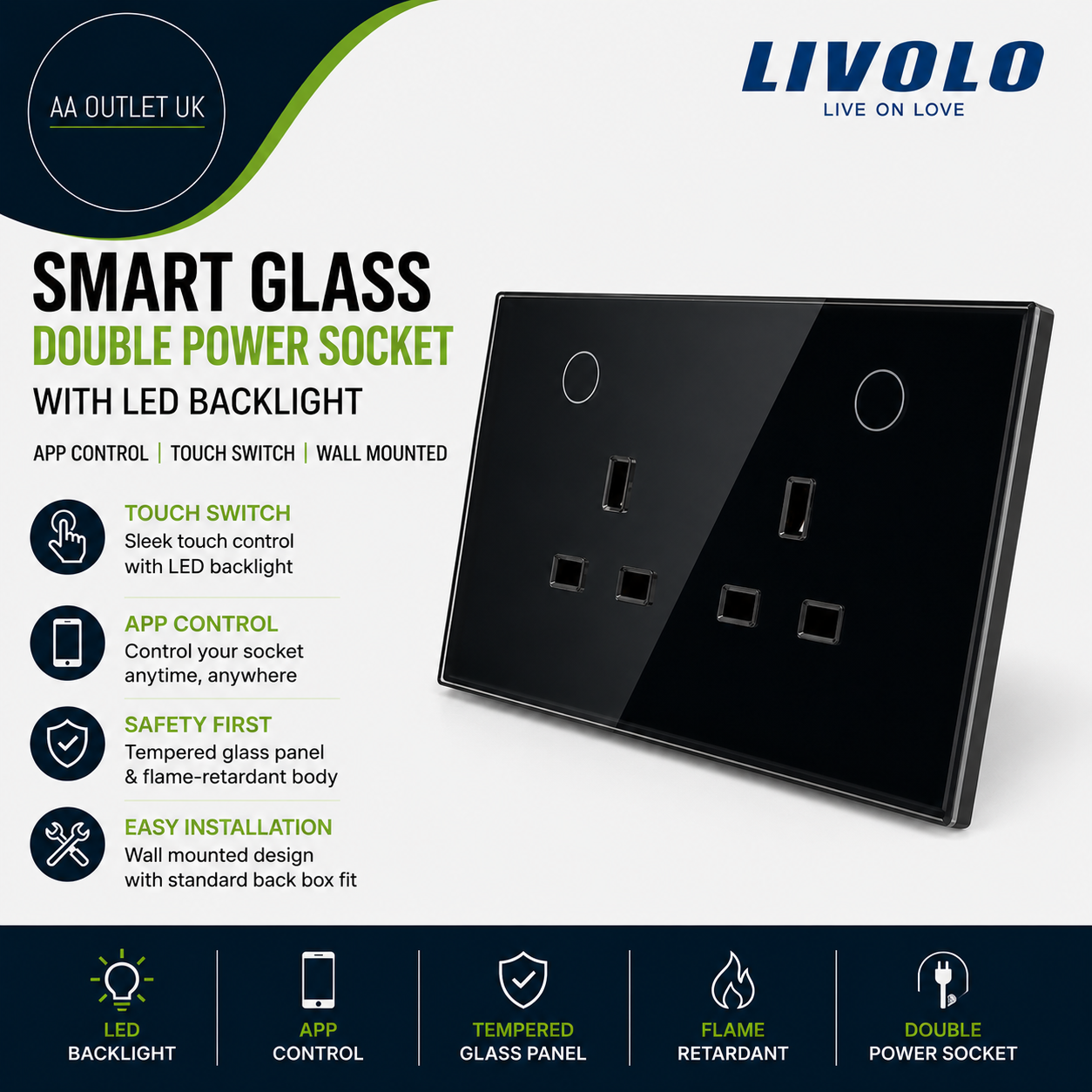 Livolo Smart Tempered Glass Double Power Socket LED Backlight App Control