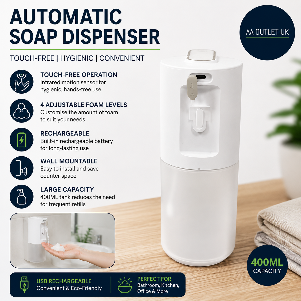 Automatic Soap Dispenser 400ml Rechargeable Non Touch With 4 Adjustable Foam