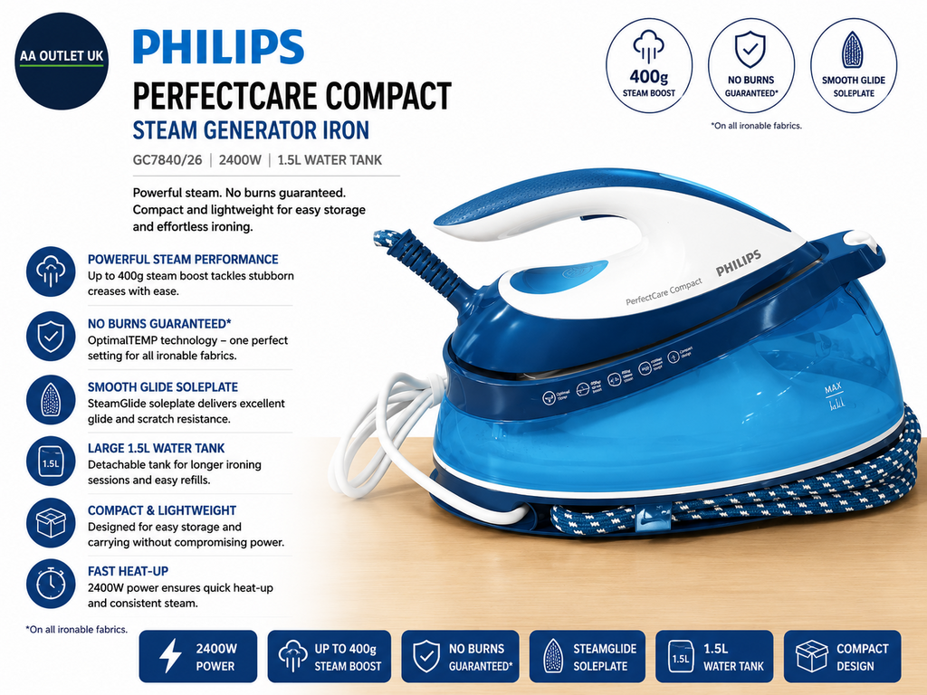 Philips PerfectCare Compact Steam Generator Iron 400g No Burns 2400W GC7840/26