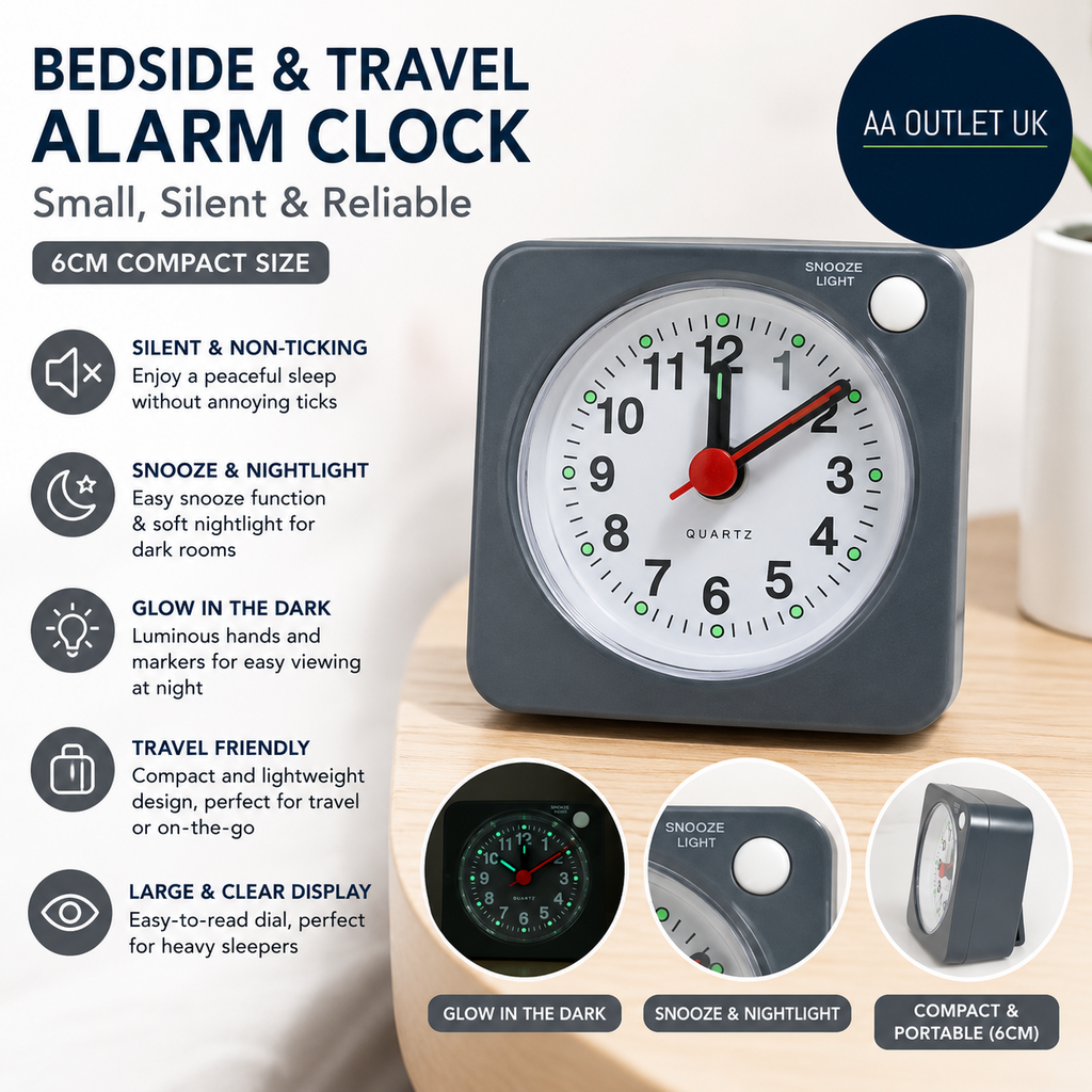 Alarm Clocks BedsideTravel Alarm Small Silent Analog Non Ticking 6x2cm