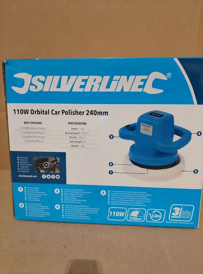 Silverline 110W Orbital Car Polisher Includes Synthetic Textile Bonnet New