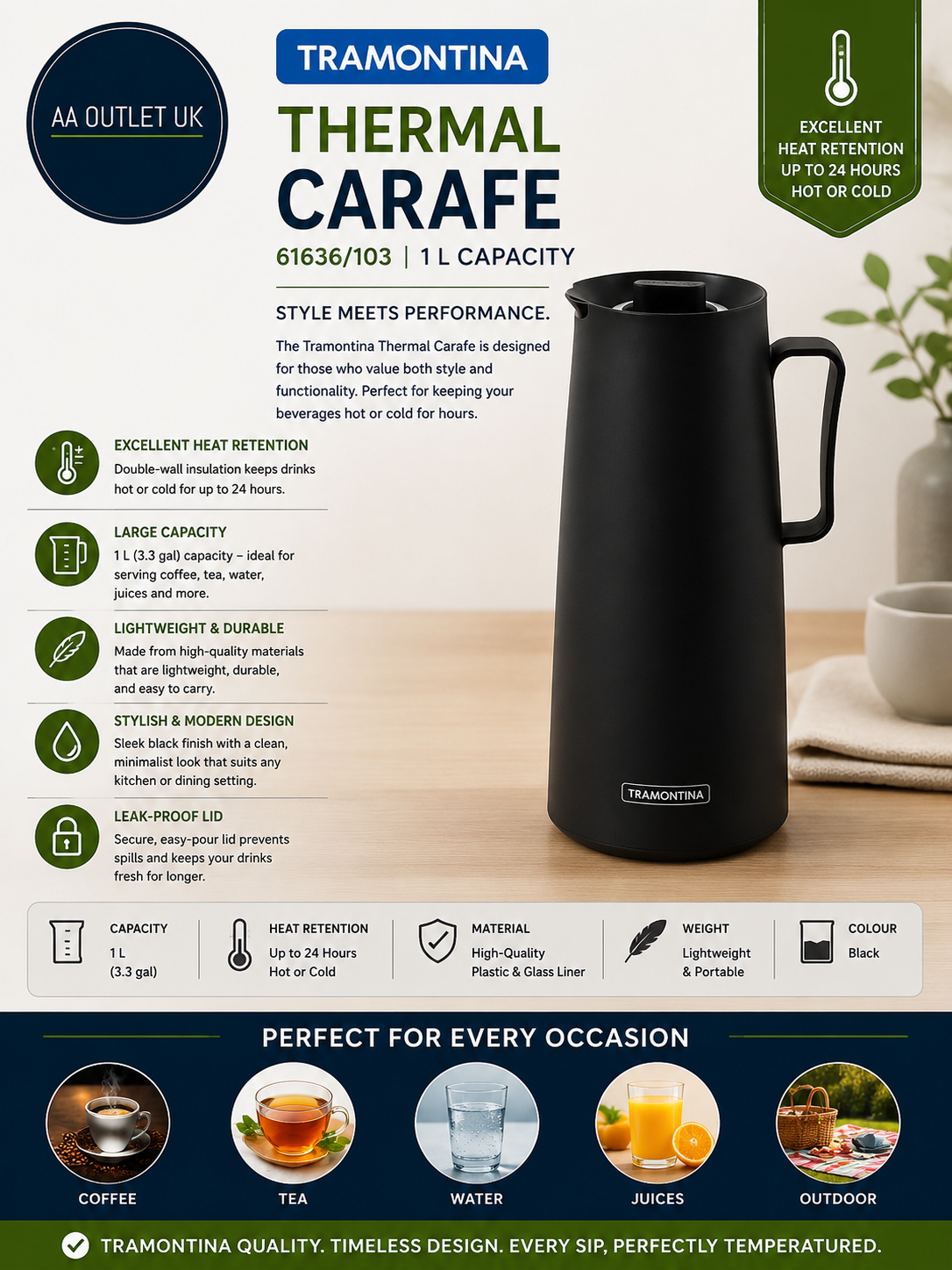 Tramontina 61636/103 Thermal Carafe Tabletop Pot Carafe 3.3 gal 1L Black