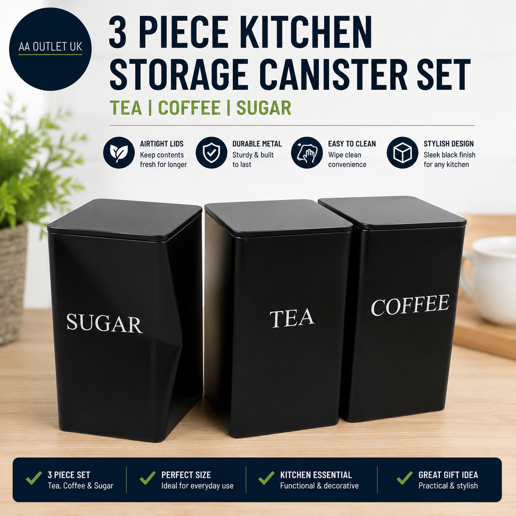 ASelected Tea Coffee Sugar Canisters 3 Piece Metal Food Storage Jars 3pc