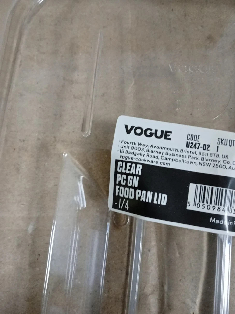 Vogue Polycarbonate Plastic 1/4 Gastronorm Lid Clear Cover Containers U247 Clear