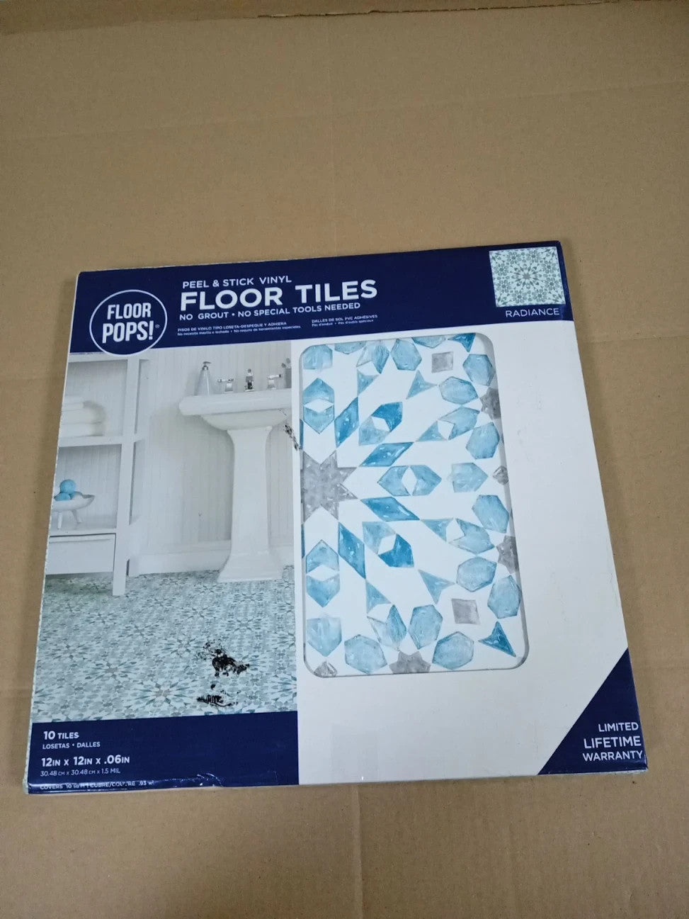 WallPops FP2949 Radiance Peel & Stick Floor Tiles Blue 12x12in 10 Pieces
