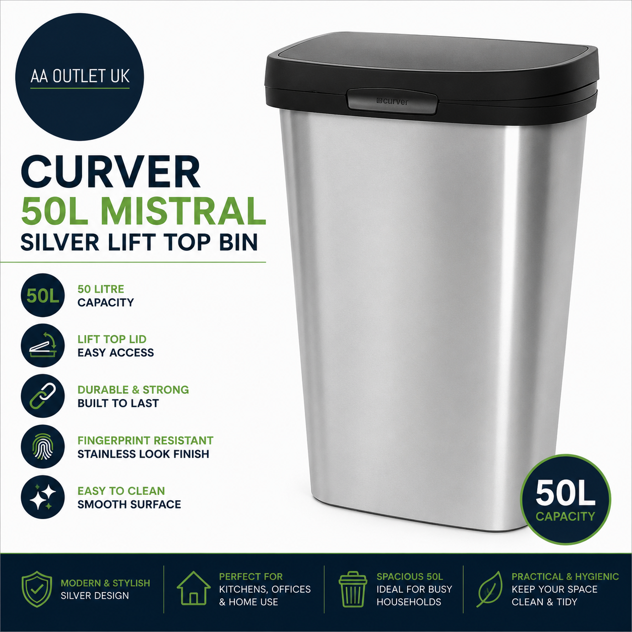 Curver 50L Mistral Silver  Lift Top Bin Resin Material Removable Lid 63x40x32