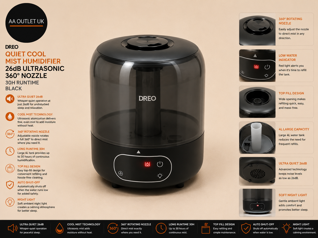 Dreo Quiet Cool Mist Humidifier 26dB Ultrasonic 360° Nozzle 30H Runtime Black