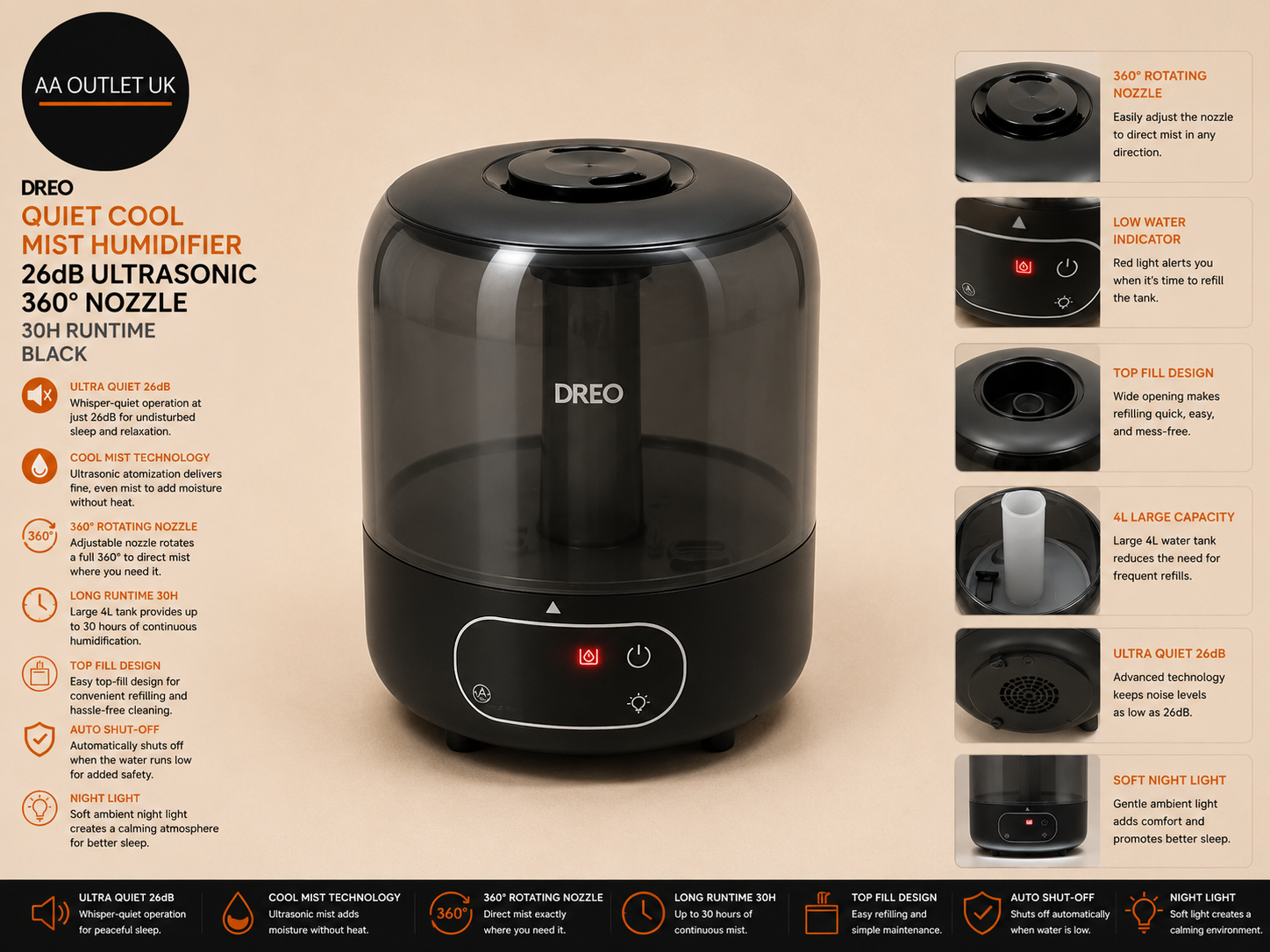 Dreo Quiet Cool Mist Humidifier 26dB Ultrasonic 360° Nozzle 30H Runtime Black