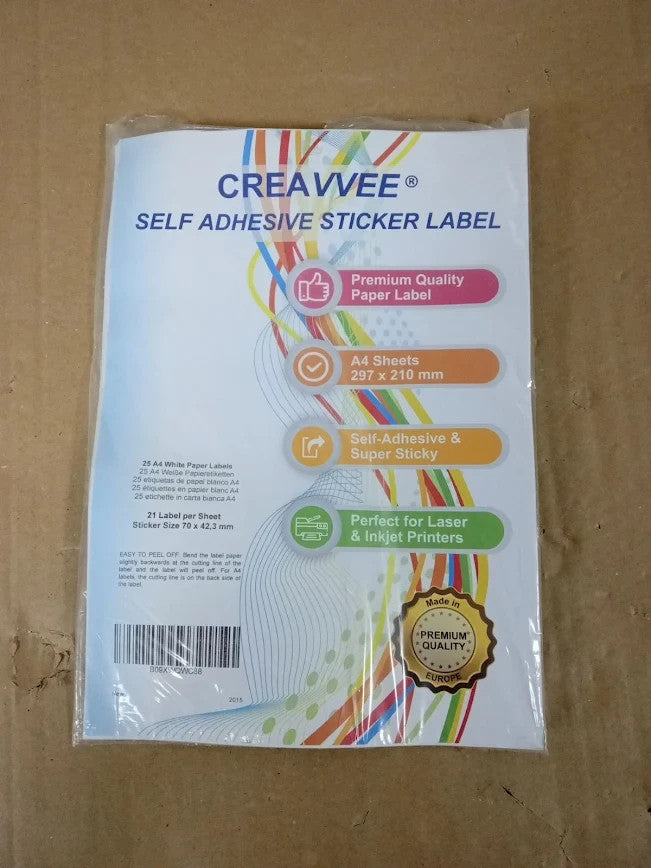 Creavvee 21 Sticker Per Sheet 25 A4 Art & Craft Printable White Paper New