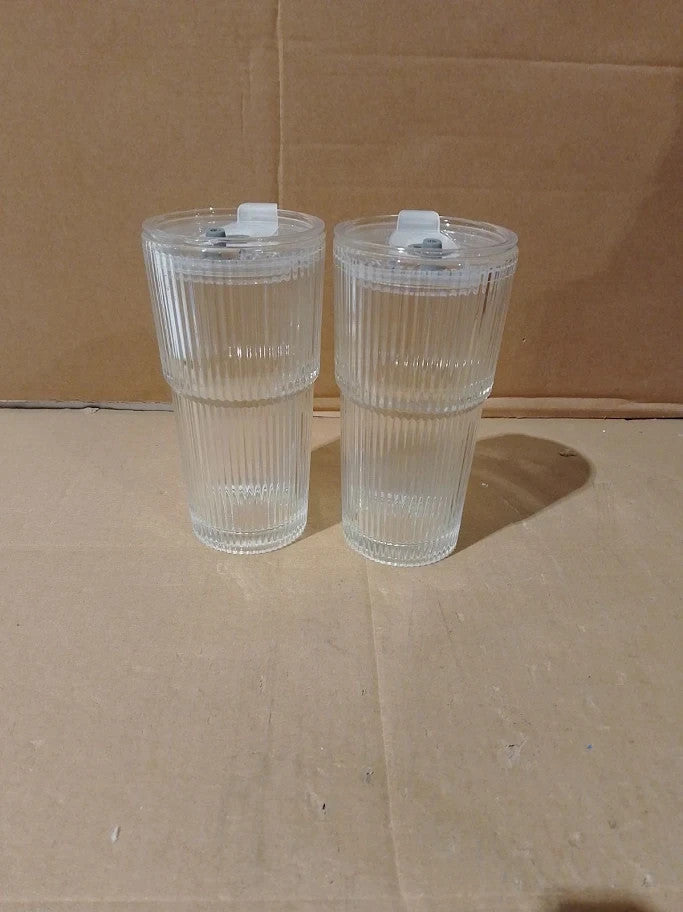 Kemorela 2 Pack 600ml Ribbed Glass Cup With Lids Leakproof Reusable New
