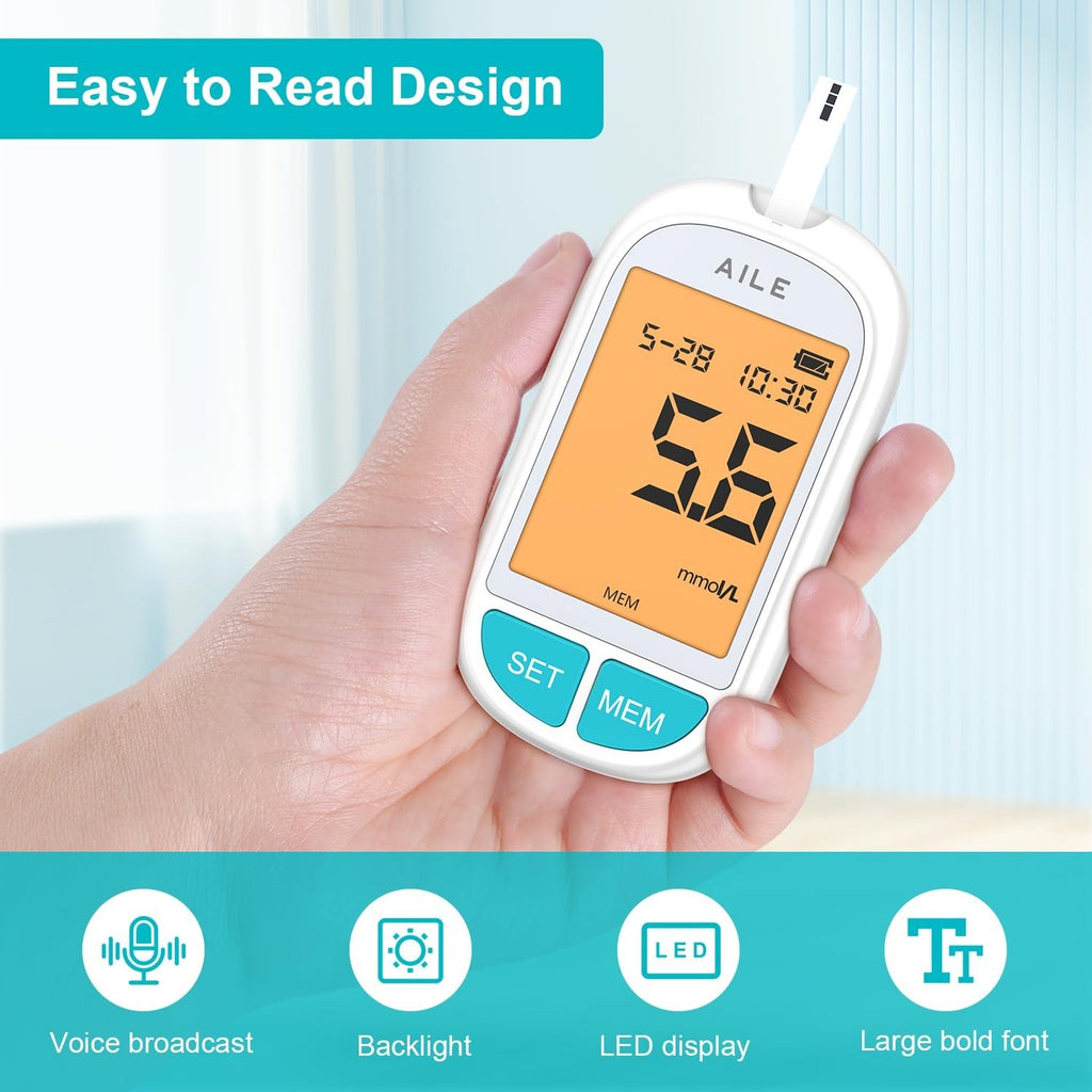 Aile Blood Sugar Glucose Monitor Kit Diabetics Strips Lancets 5.8x2.7x10.4cm New