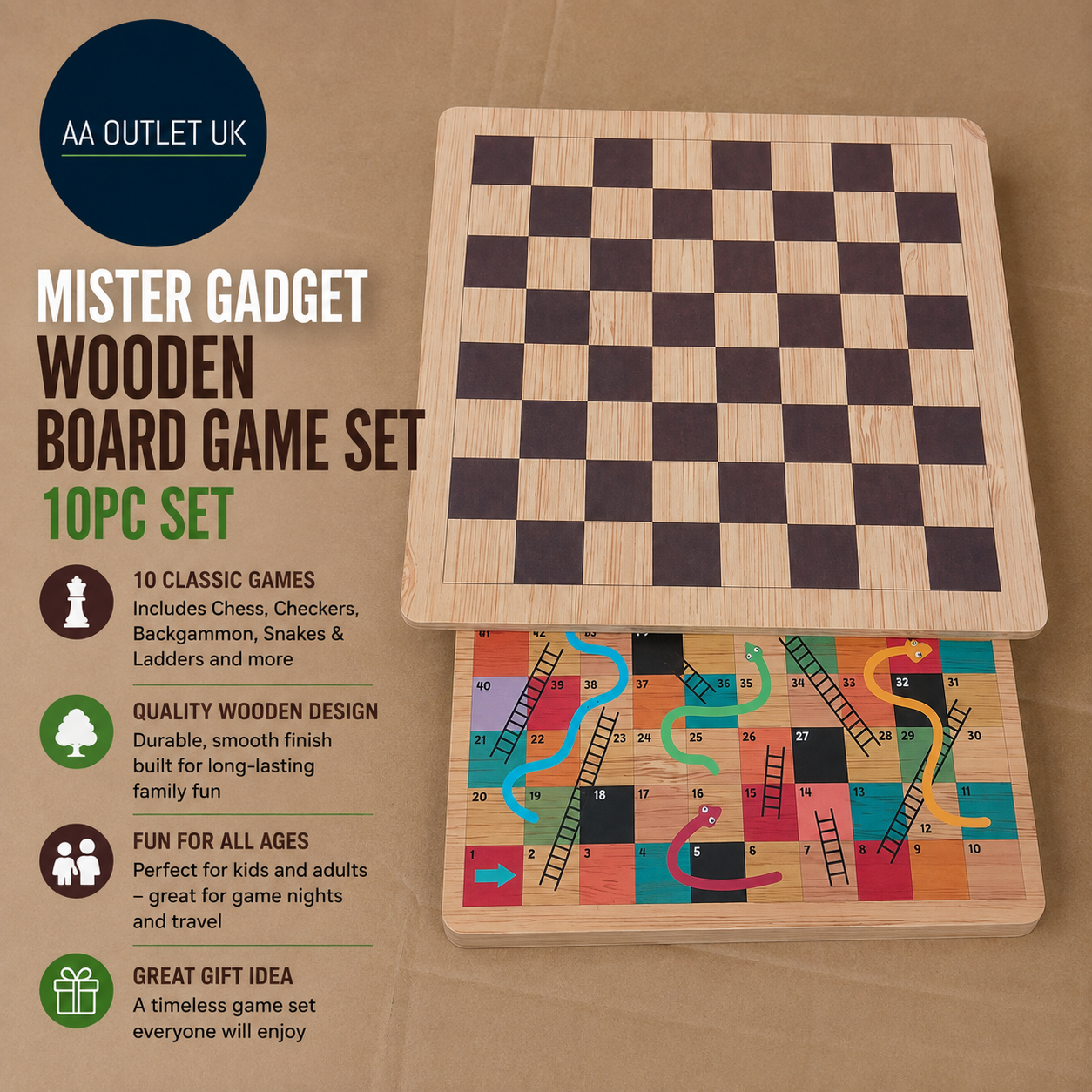 Mister Gadget Wooden Board Game Set Chess Backgammon Snakes Ladders Design New