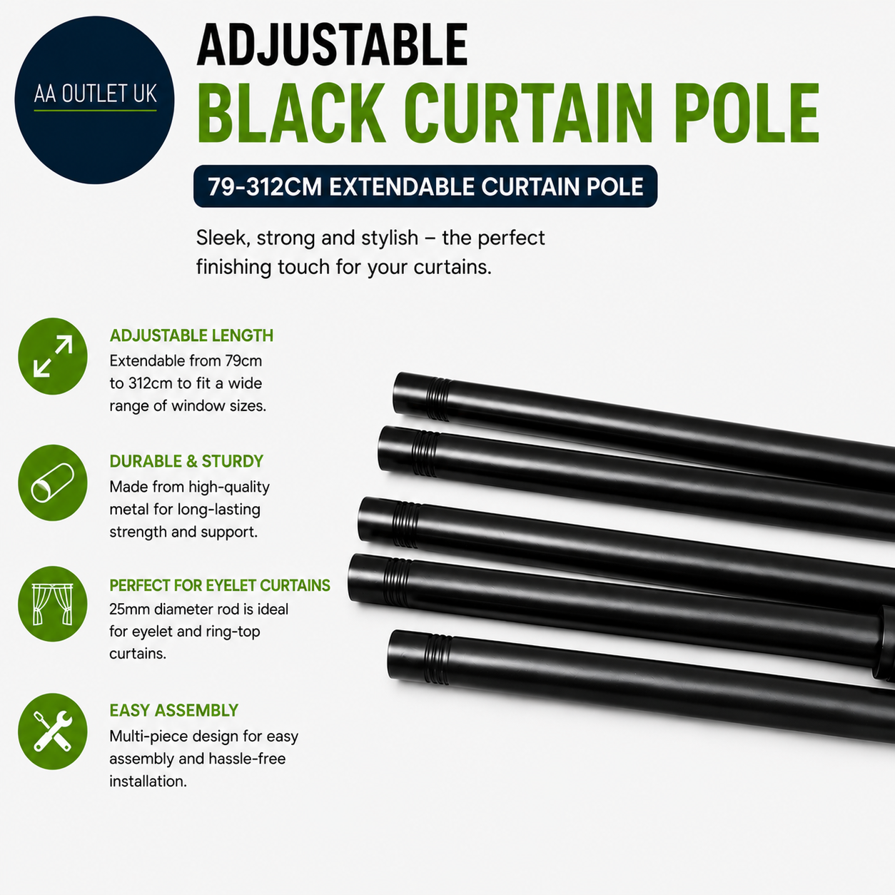 Black Curtain Pole 79-312cm Extendable Curtain Poles Eyelet Curtains 25mm