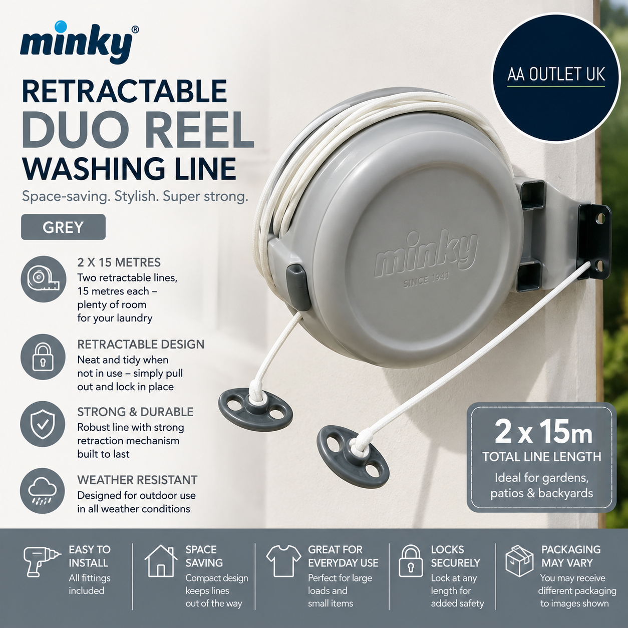 Minky Retractable Duo Reel Washing Line Grey 2x15m Packaging May Vary