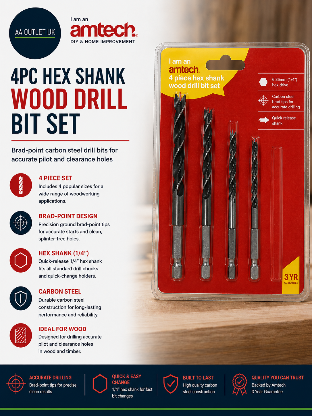 Amtech 4pc Hex Shank Wood Drill Bit Set Brad Point Carbon Steel 1/4in