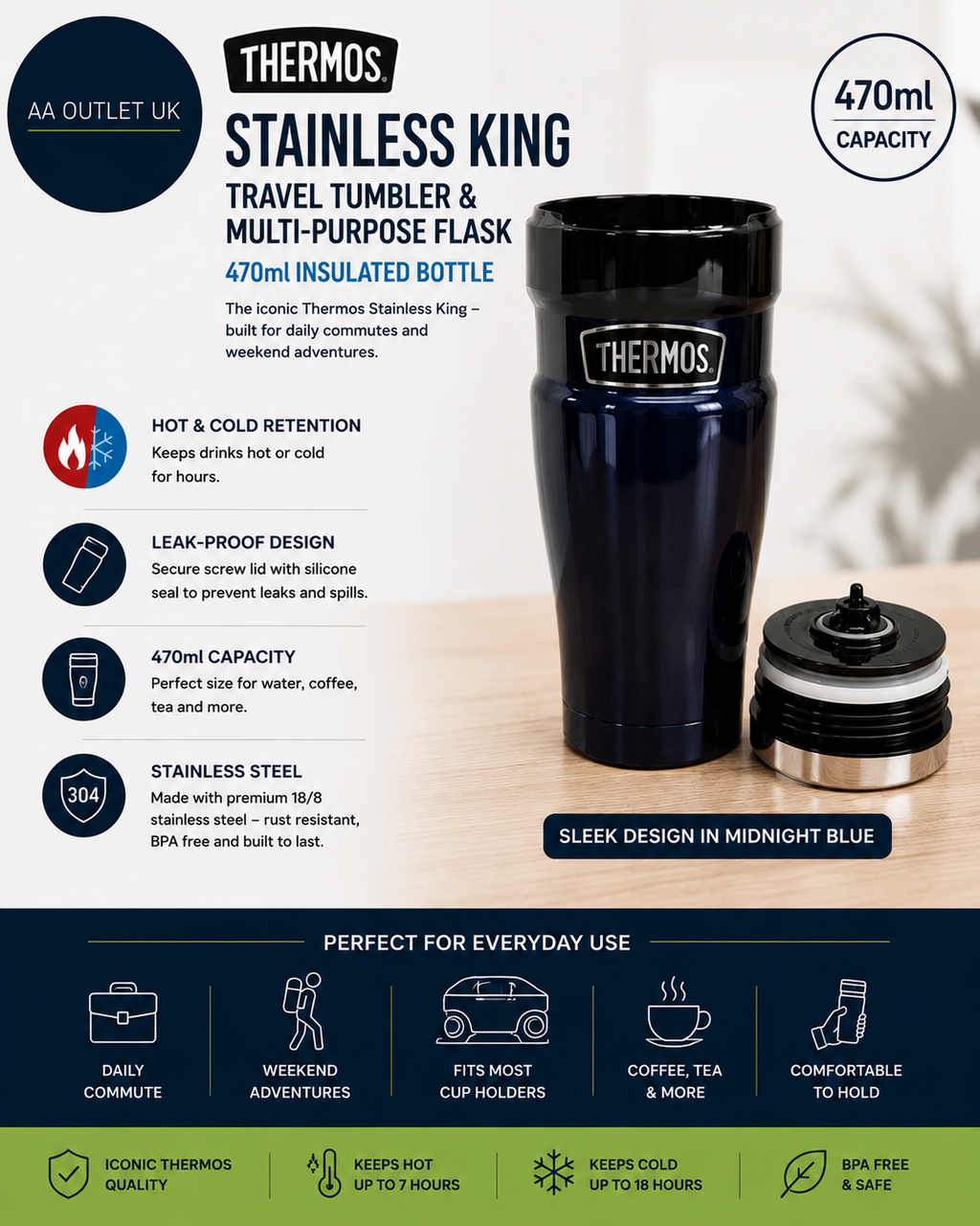 Thermos Stainless King Travel Tumbler Multi Purpose Flask 470ml Insulated Hot