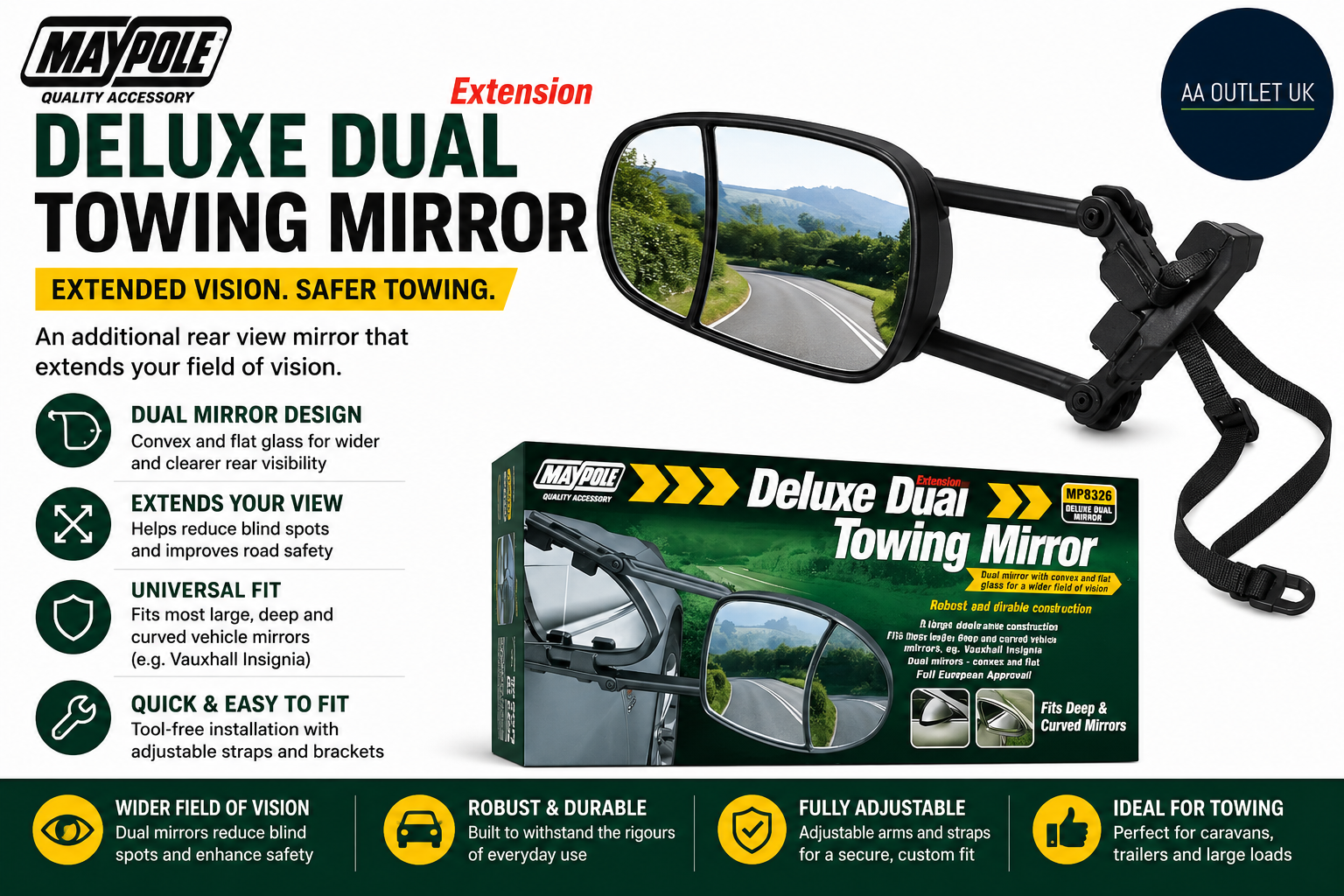 Maypole Deluxe Dual Glass Aero Towing Mirror Universal Fit Vehicle Truck Car
