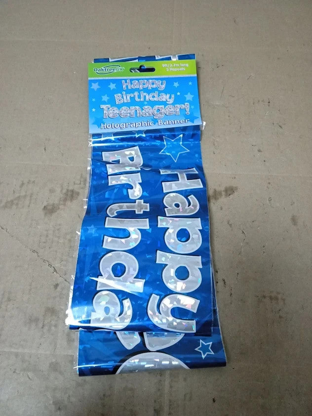 9ft Banner Happy Birthday Teenager Blue Foil Holographic 2.7X13Cm New