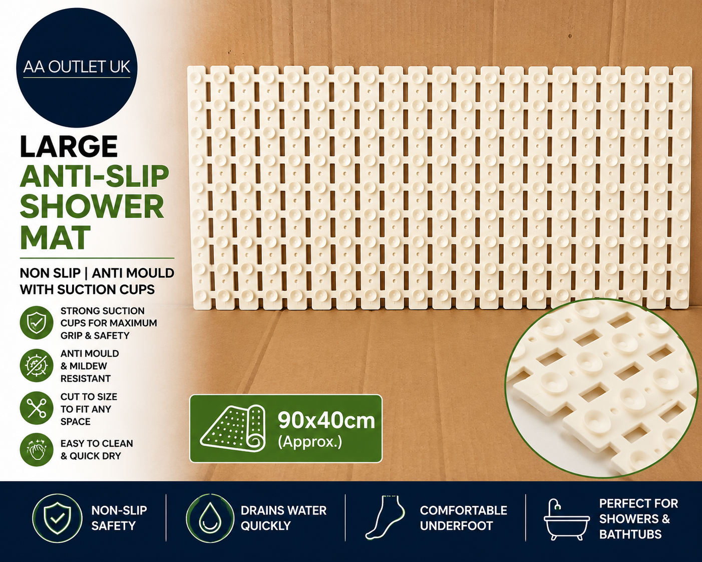 XIYUNTE Large Shower Mat Non Slip Anti Mould Elderly 90x40cm Cream White