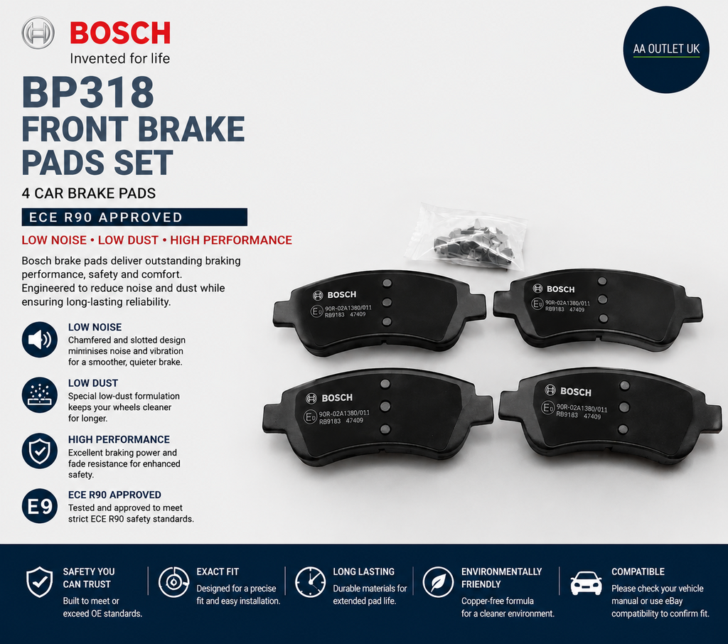 Bosch BP318 Front Brake Pads 4 Pieces Car ECE R90 Low Noise Dust Durable Design