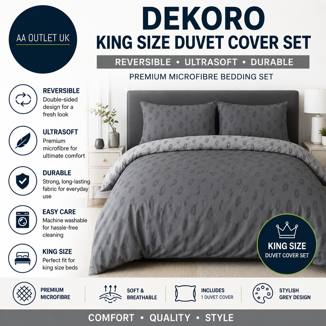 Dekoro King Size Duvet Cover Sets Reversible Double Sided Premium Ultra Soft