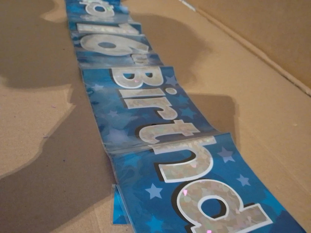 OakTree 9ft Banner Happy 16th Birthday Blue Holographic Foldable New