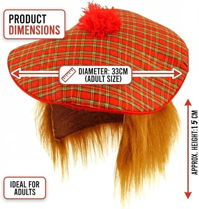 Henbrandt 2pc Adults Scottish Tartan Tam O Shanter Hats Ginger Hair Funny New