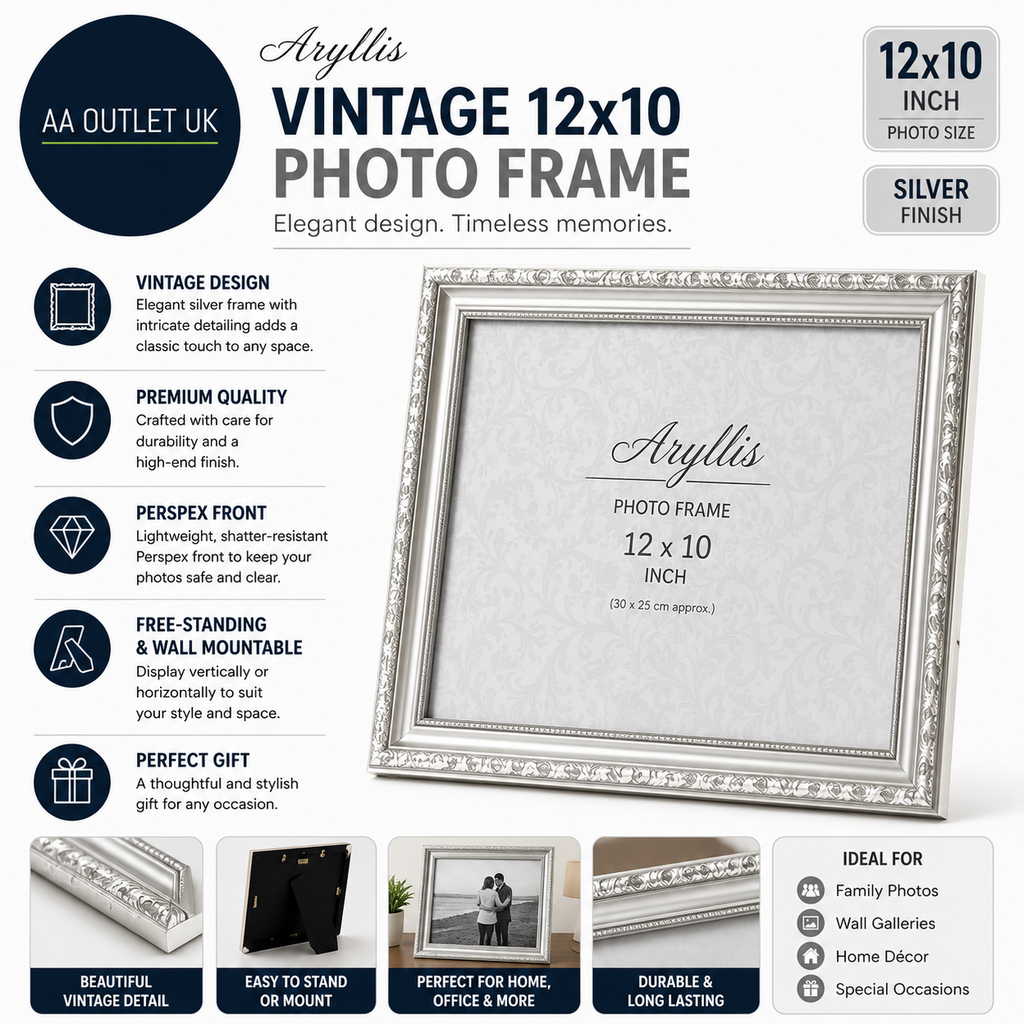 Aryllis Vintage 12x10 Photo Frame Silver Free Standing Wall Mountable Perspex