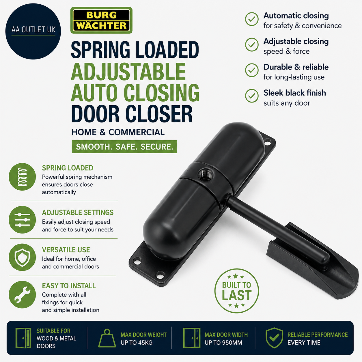 Burg Wachter Spring Loaded Adjustable Auto Closing Door Closer 5.51x1.97x1.57cm