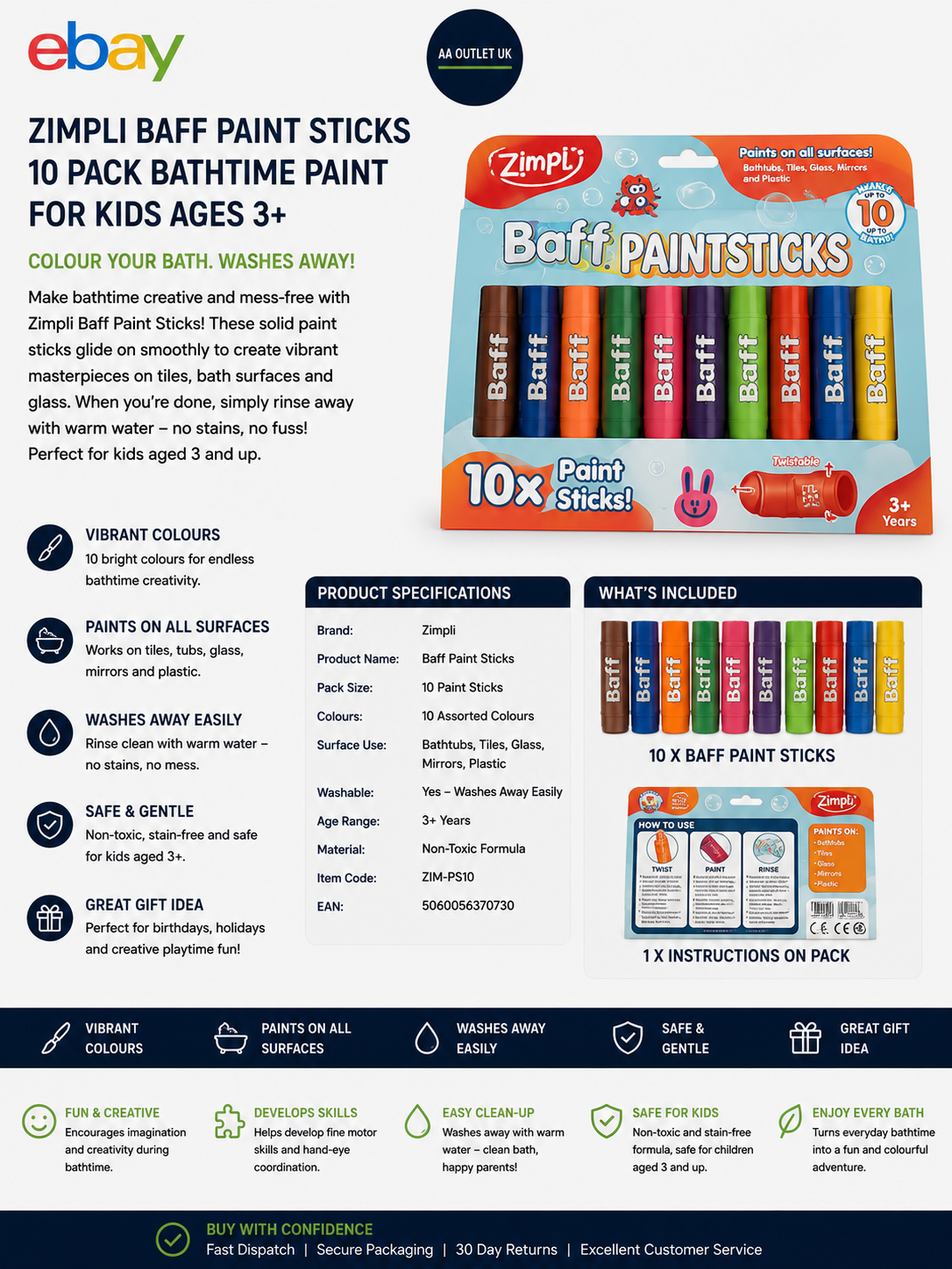 ZIMPLI 10 Pieces Large Baff Paint Sticks Bath Crayons Kids Non-Toxic Mess Free