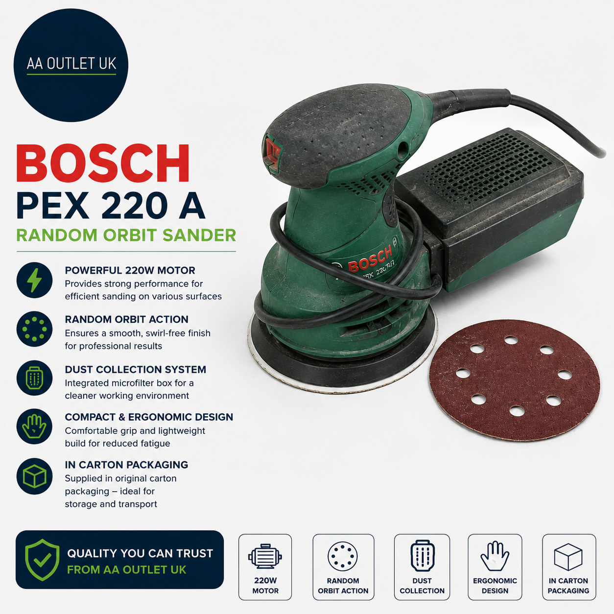Bosch Random Orbit Sander PEX 220 A 220W In Carton Packaging 28.5x15.4x18cm