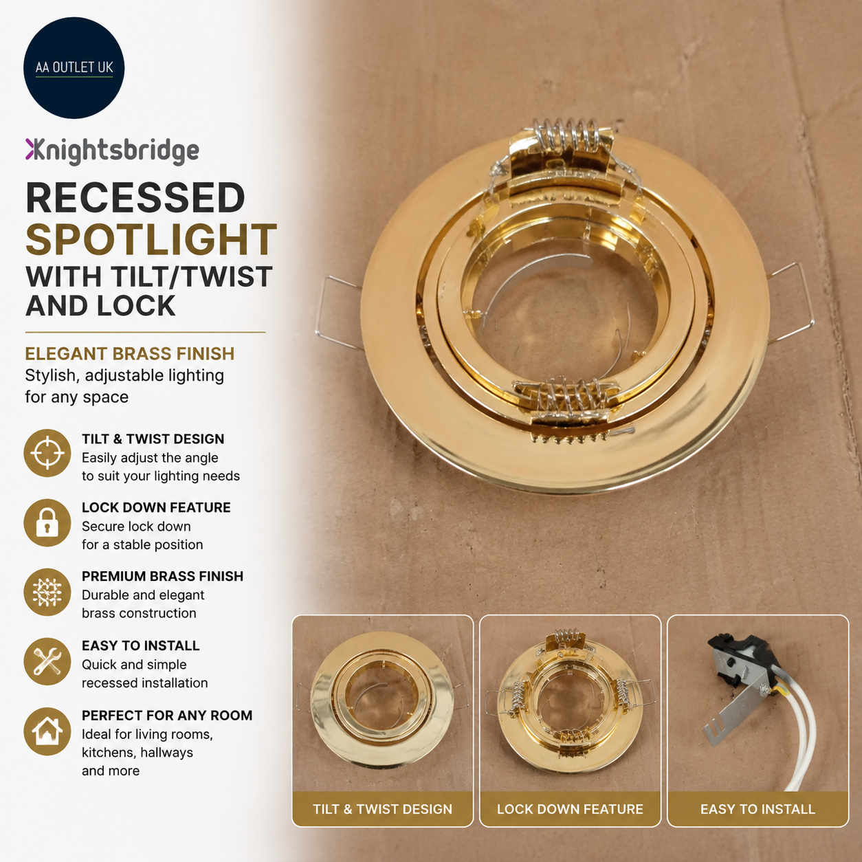 Knightsbridge Recessed Spotlight Tilt Twist & Lock Downlight Brass Aluminium