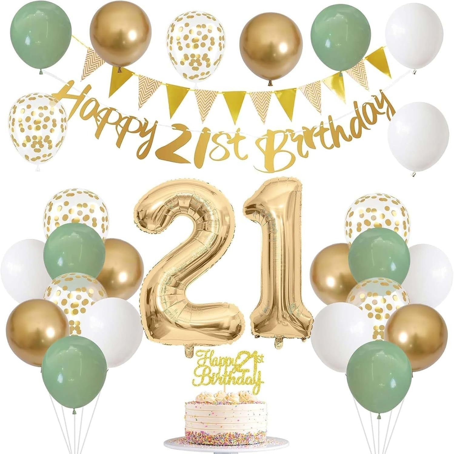 21st Birthday Decorations Sage Green White Gold Balloons Banner Cake Topper New