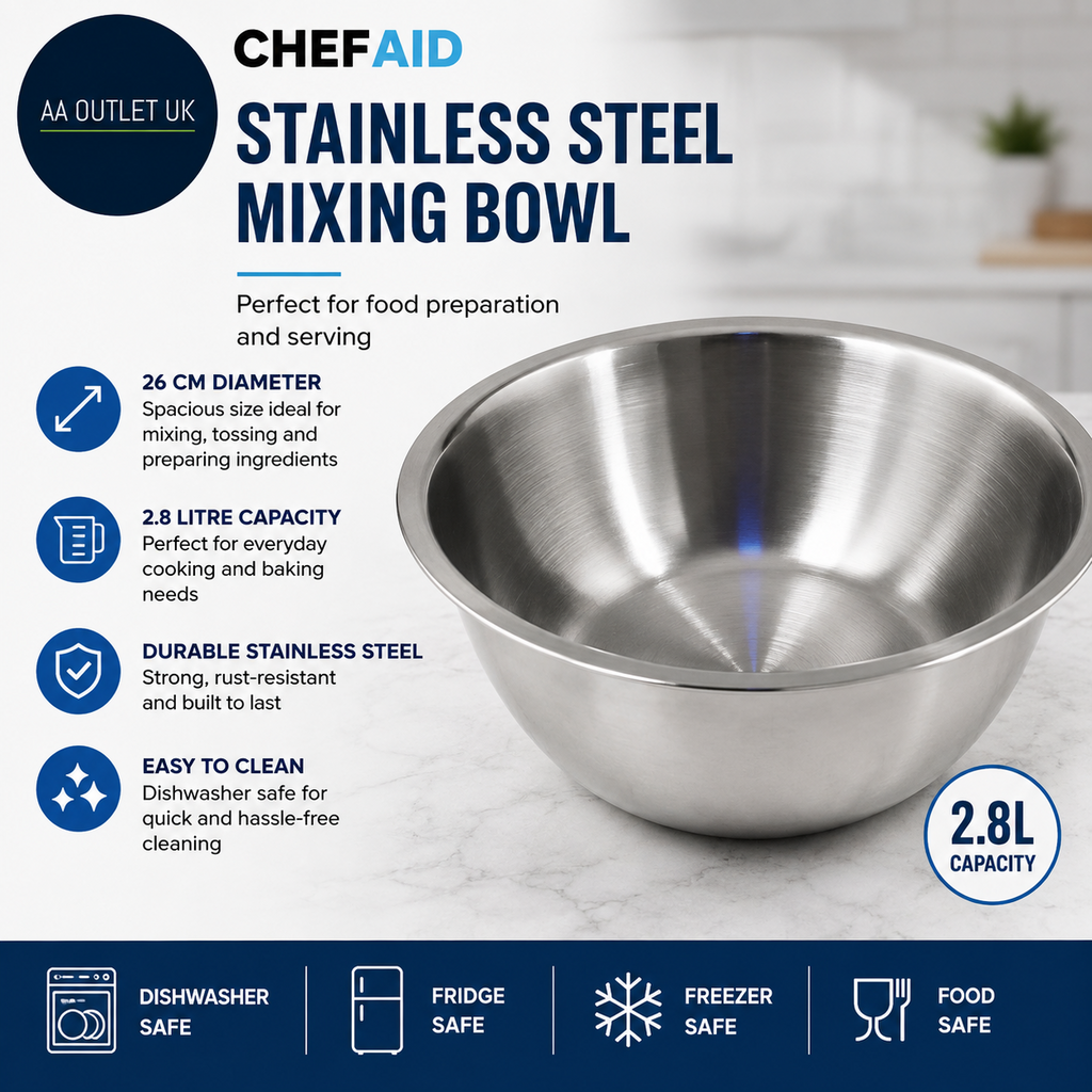 Chef Aid Stainless Steel Mixing Bowl 26cm Diameter Perfect Tool Preparation 2.8L