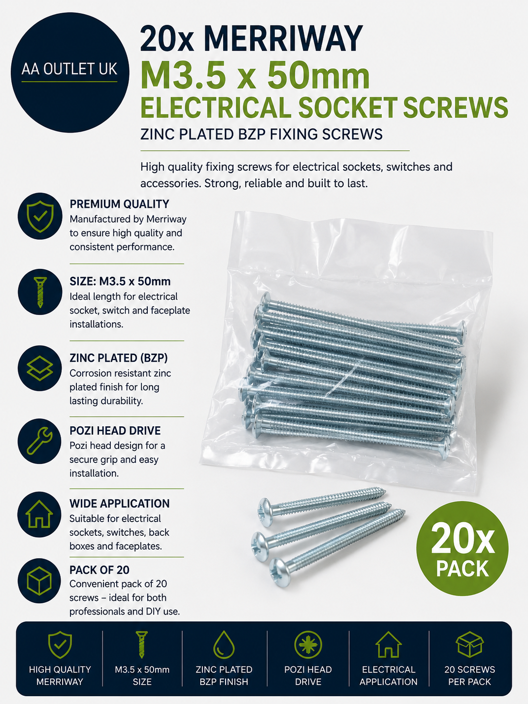 20x Merriway 3.5mx50mm Electrical Socket Screws Zinc Plated BZP Fixing New