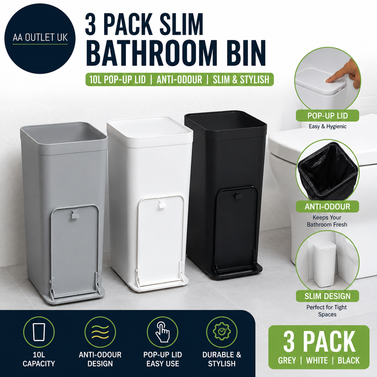 Xygobla 3 Pieces Slim Bathroom Bin 10L Pop Up Lid Anti Odour Toilet Waste Can