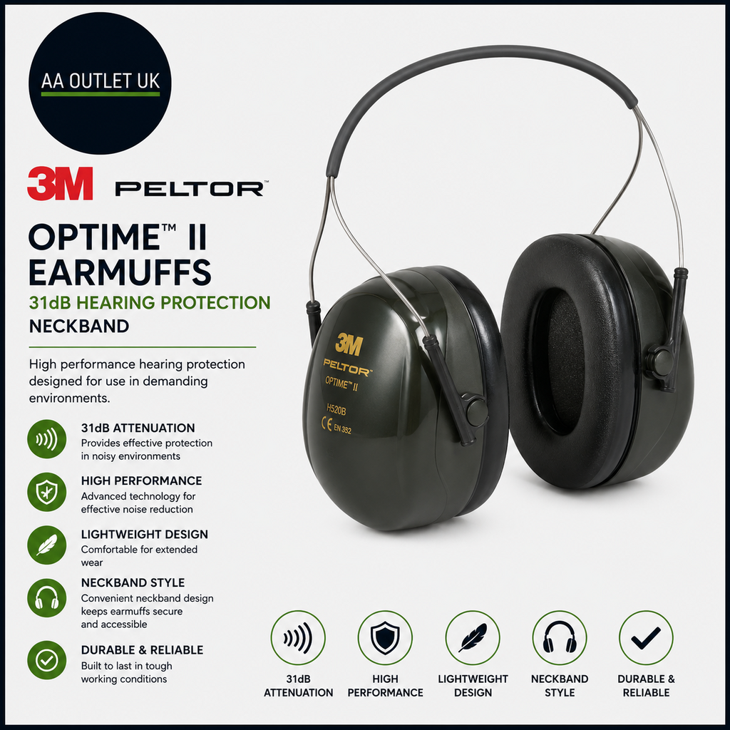3M PELTOR Optime II Earmuffs 31dB Neckband Hearing Protection Green Design