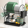 Black 2 Tier Dish Rack Stainless Steel Drainer Drip Tray Cup Utensil Holder New