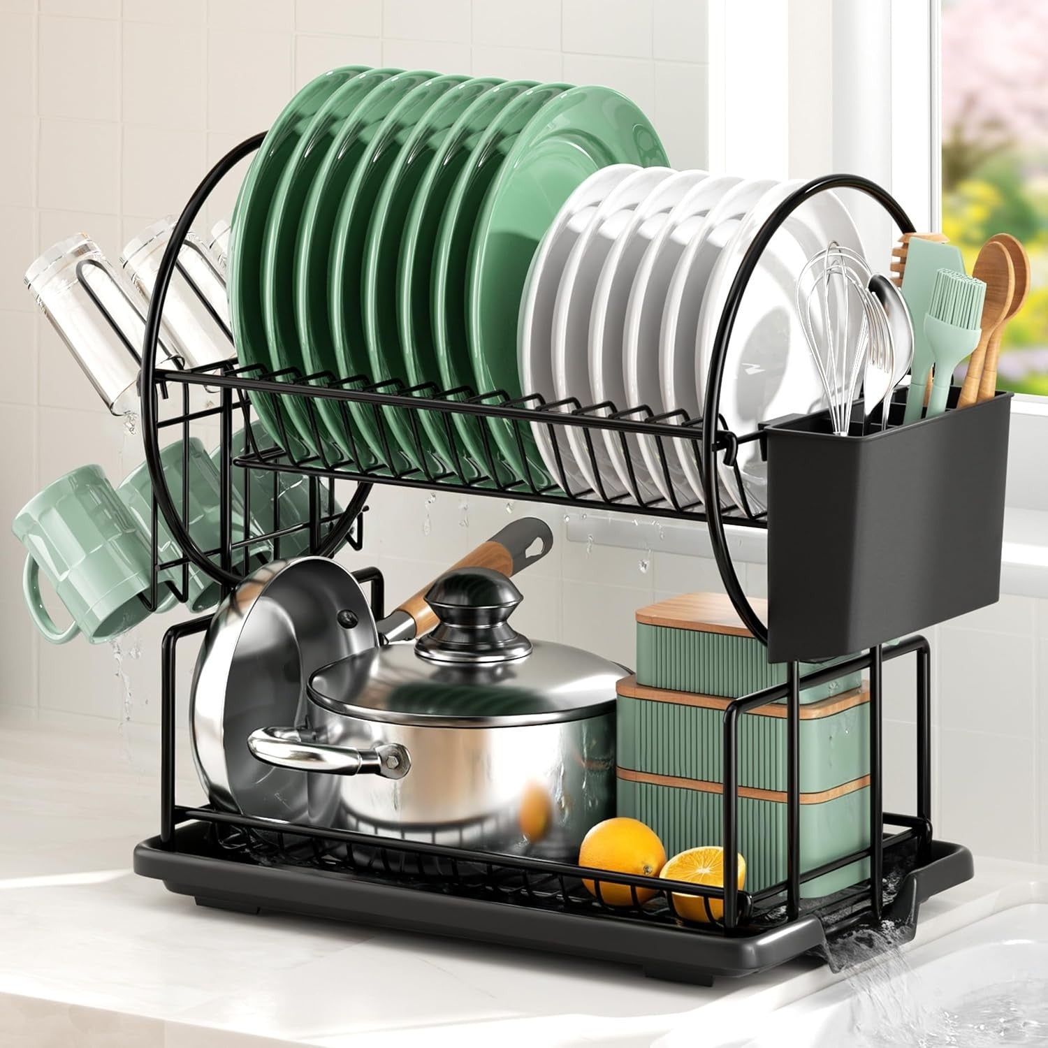 Black 2 Tier Dish Rack Stainless Steel Drainer Drip Tray Cup Utensil Holder New