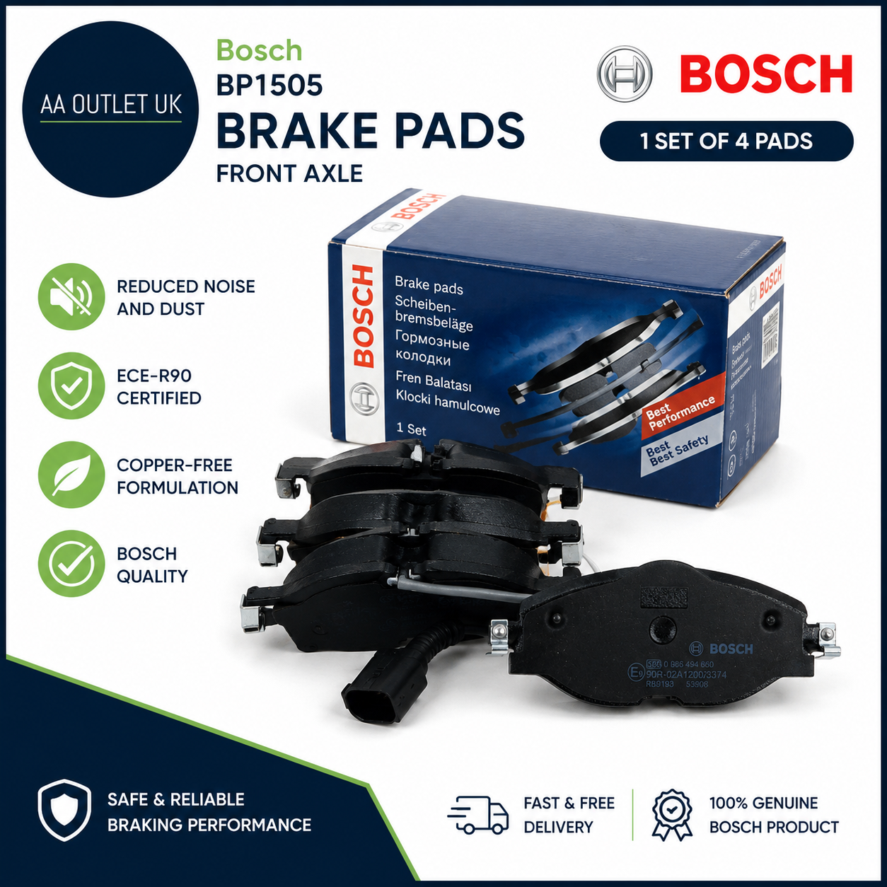 Bosch BP1505 Brake Pads Car Front Axle Quality Reduced Noise Dust ECER90 4 Pads