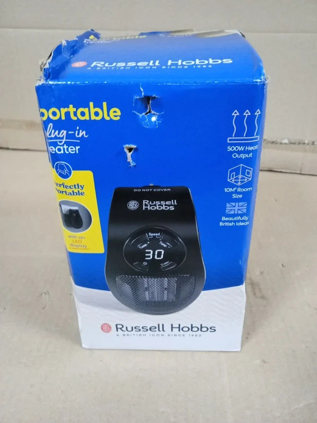Russell Hobbs 500W Ceramic Plug Heater Electric Adjustable Thermostat Black
