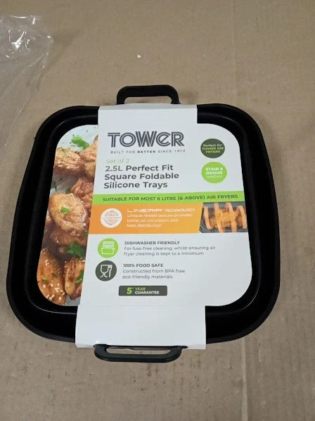 Tower Set Of 2 Square Foldable Silicone Trays Black 21.5x21.5x6.8cm New