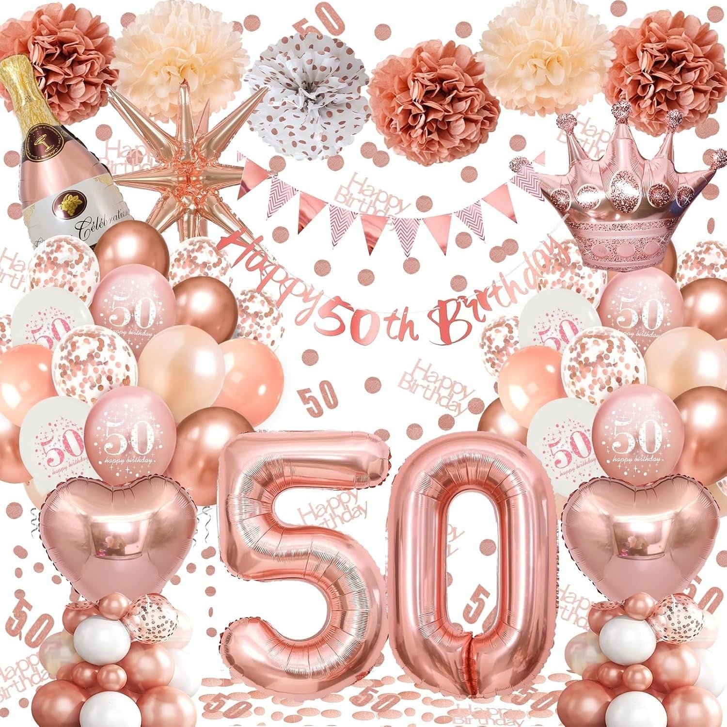 50th Birthday Balloons Rose Gold Banner Triangle Flag Decorations New