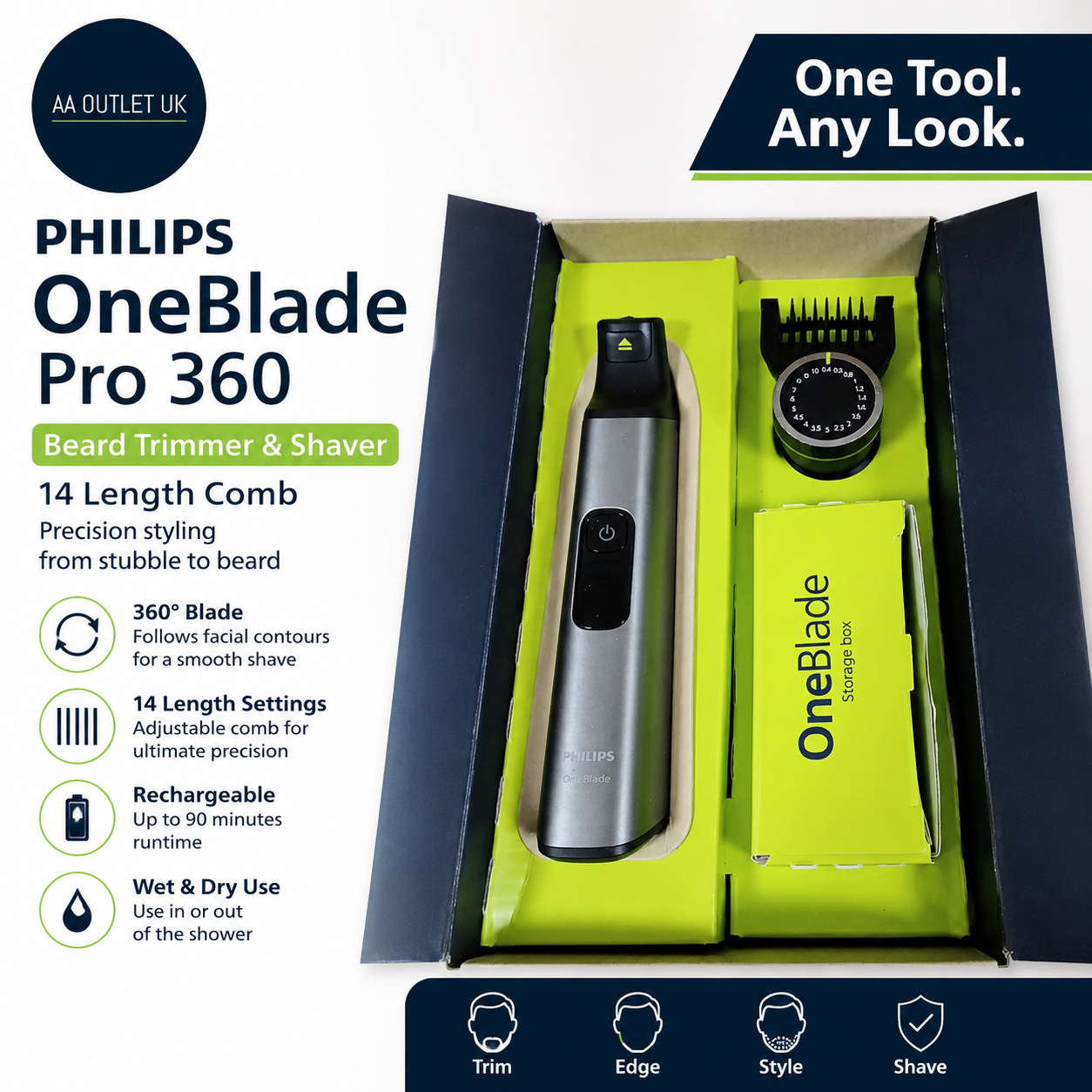 Philips OneBlade Pro 360 Beard Trimmer Shaver 14 Length Comb Storage Box New