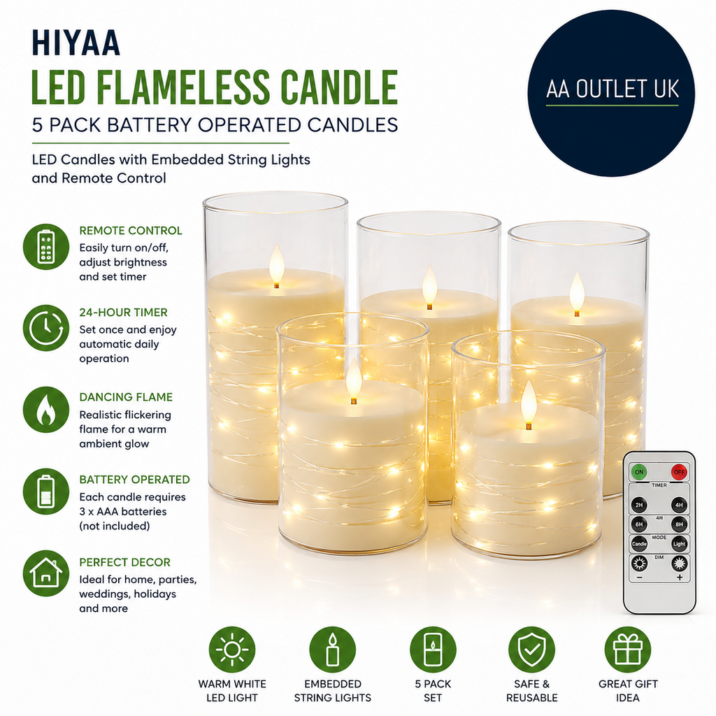 Hiyaa LED Flameless Candle Embedded String Lights 5 Pack Battery Operated