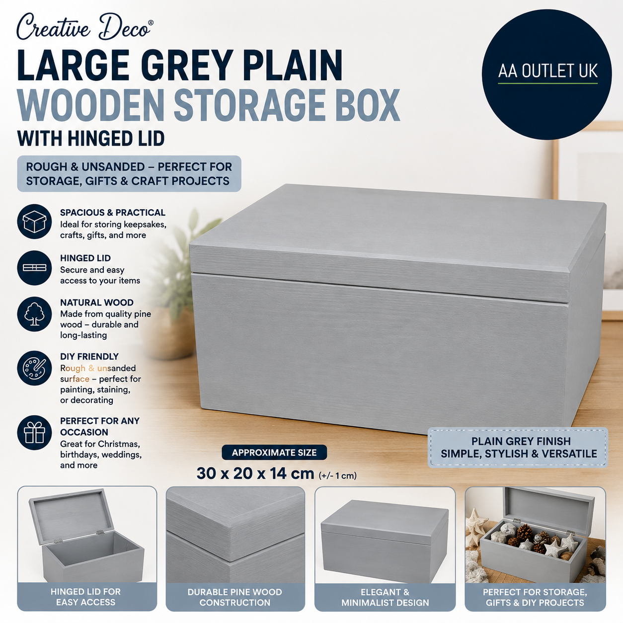 Creative Deco Large Grey Plain Wooden Storage Box Lid 30x20x14cm