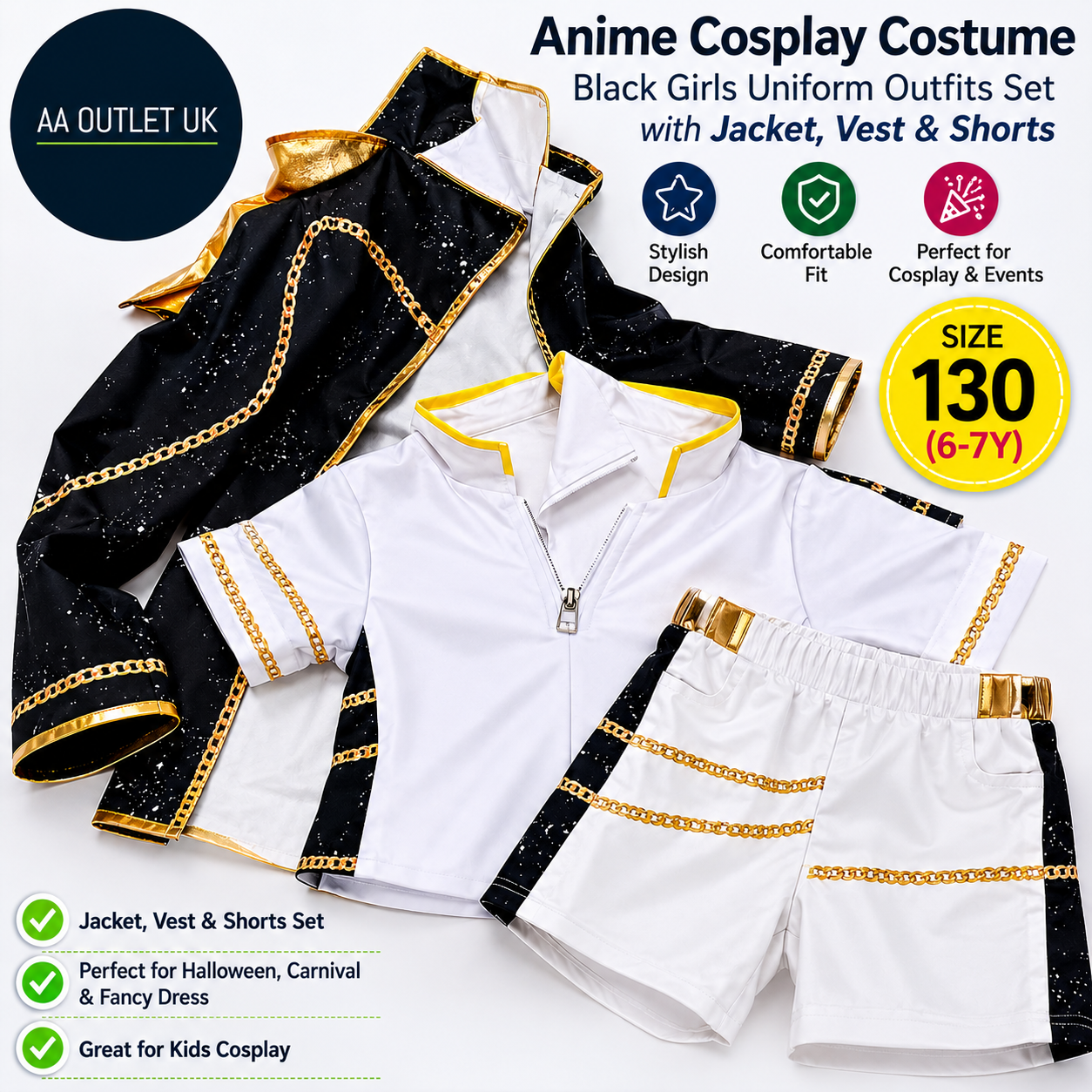 Nezafly Anime Cosplay Costume Black Girls Uniform Set Jacket Vest Shorts 6+
