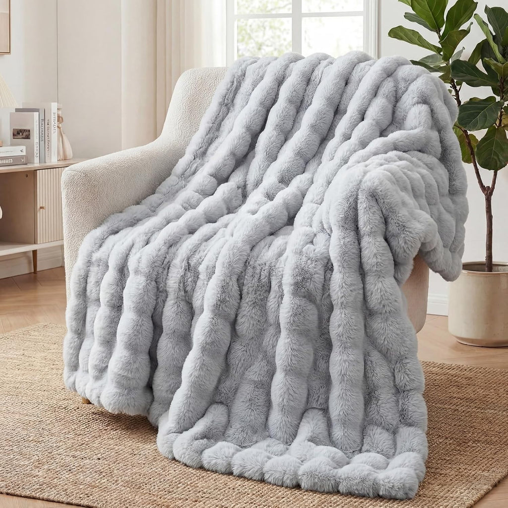 SHANNA Soft Warm Rabbit Plush Fleece Blankets Thick 1000 GSM 230x250cm Grey New