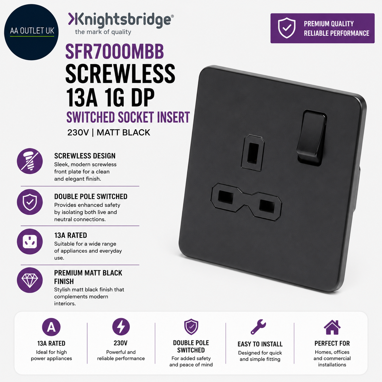 Knightsbridge SFR7000MBB Screwless 13A 1G DP Switched Socket Insert 230V