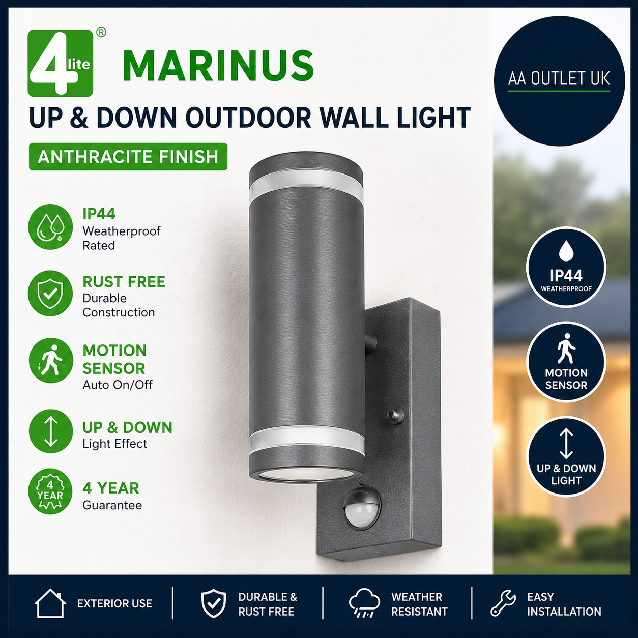 4lite Marinus Outdoor Up Down Wall Light Rust Free Motion Sensor Exterior Lamp